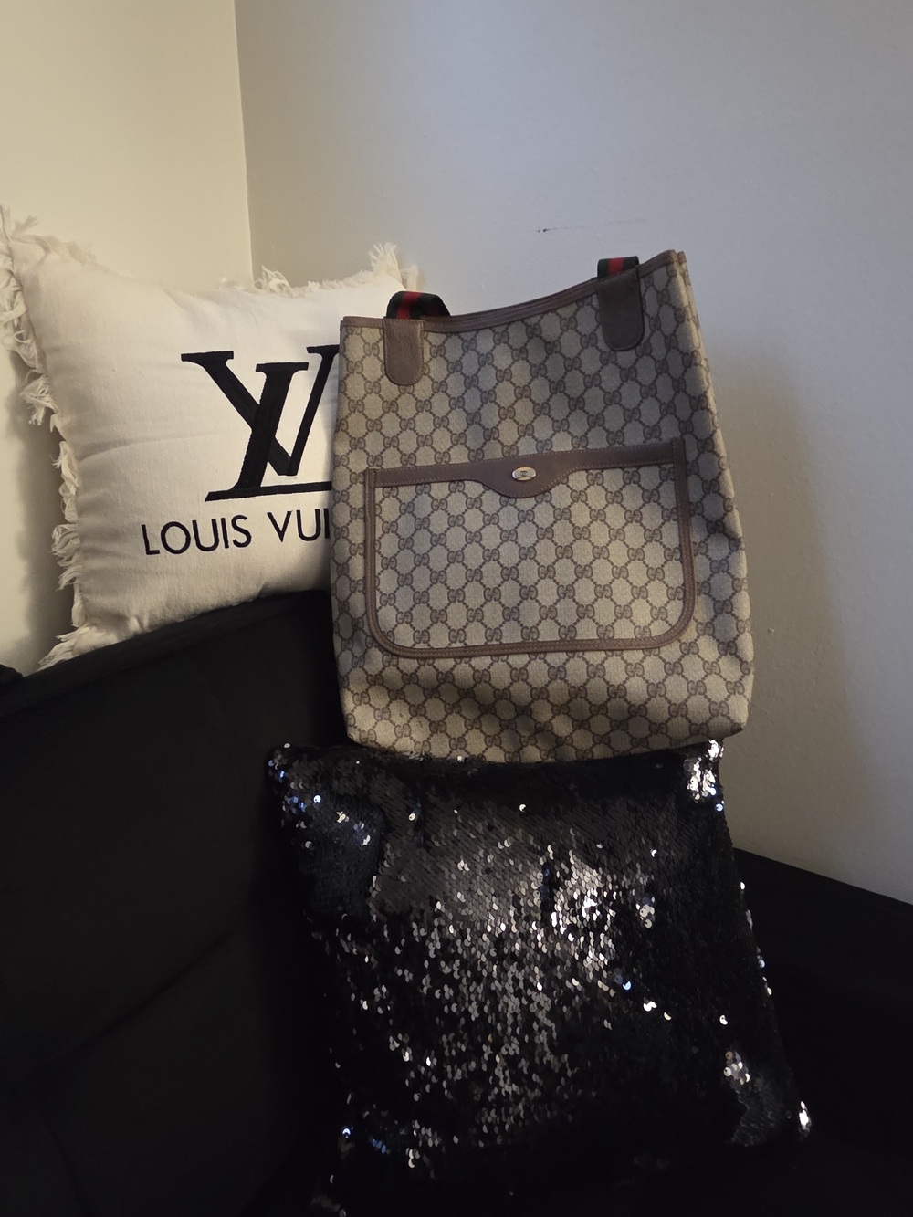 Gucci Beige Monogram Tote with Brown Trim and Red-Green Webbing